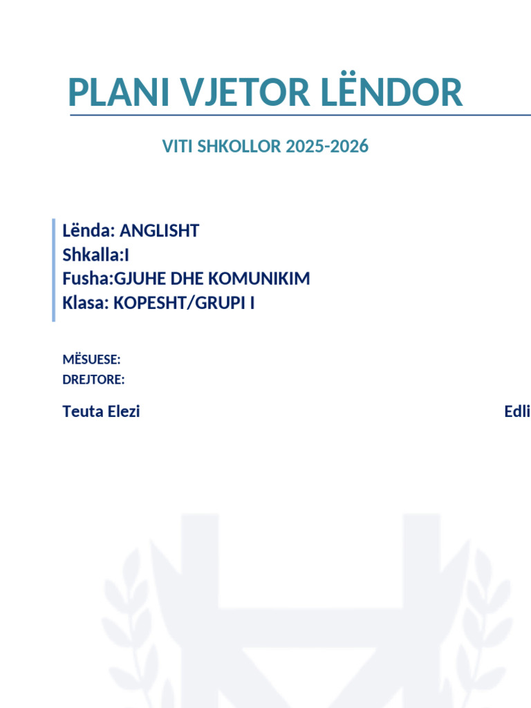 Plani Vjetor Lëndor: VITI SHKOLLOR 2025-2026 | PDF