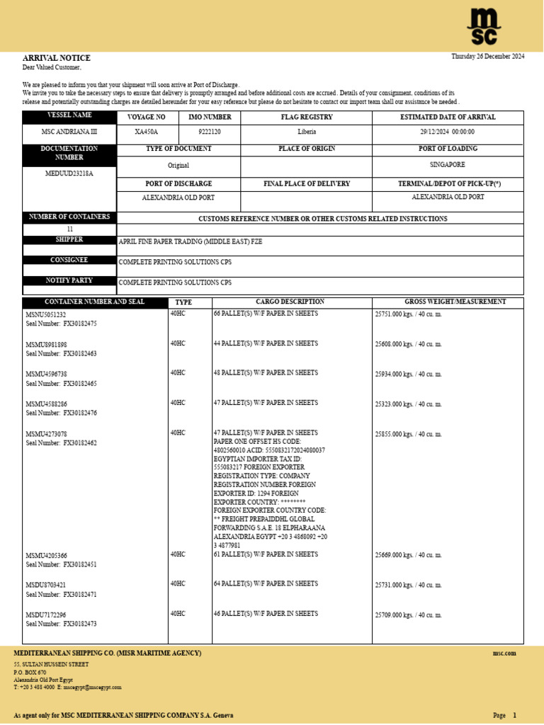 Shipment Arrival Notice Details | PDF | Bill Of Lading