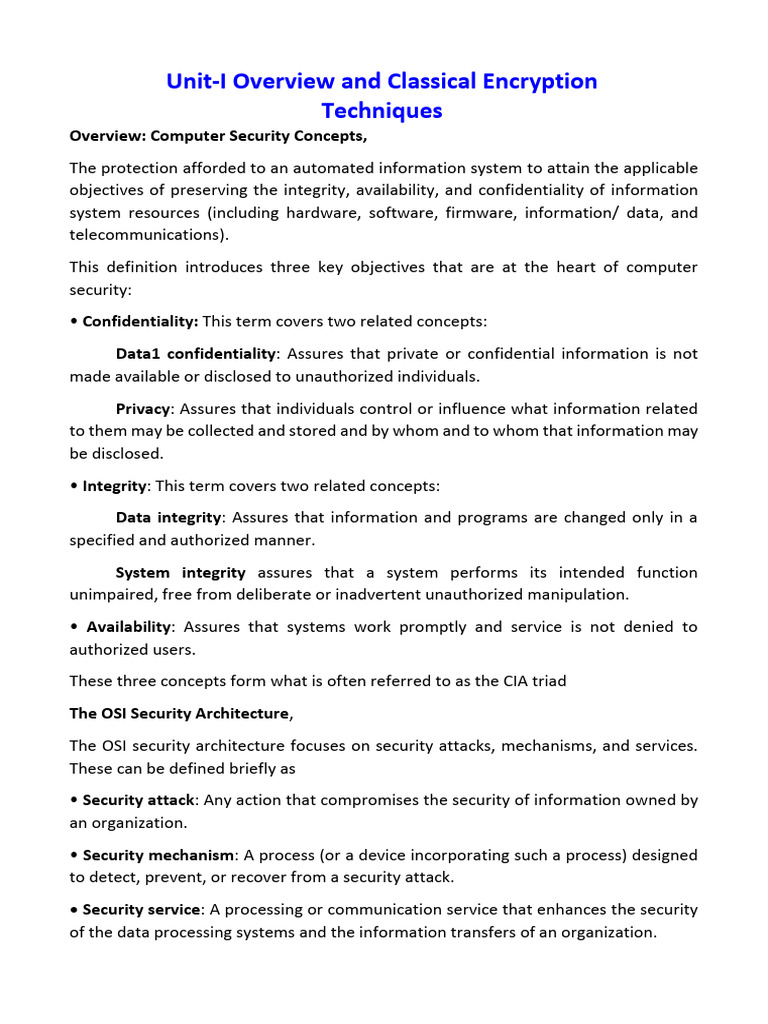 Unit-I Overview and Classical Encryption T Echniques | PDF | Cipher ...