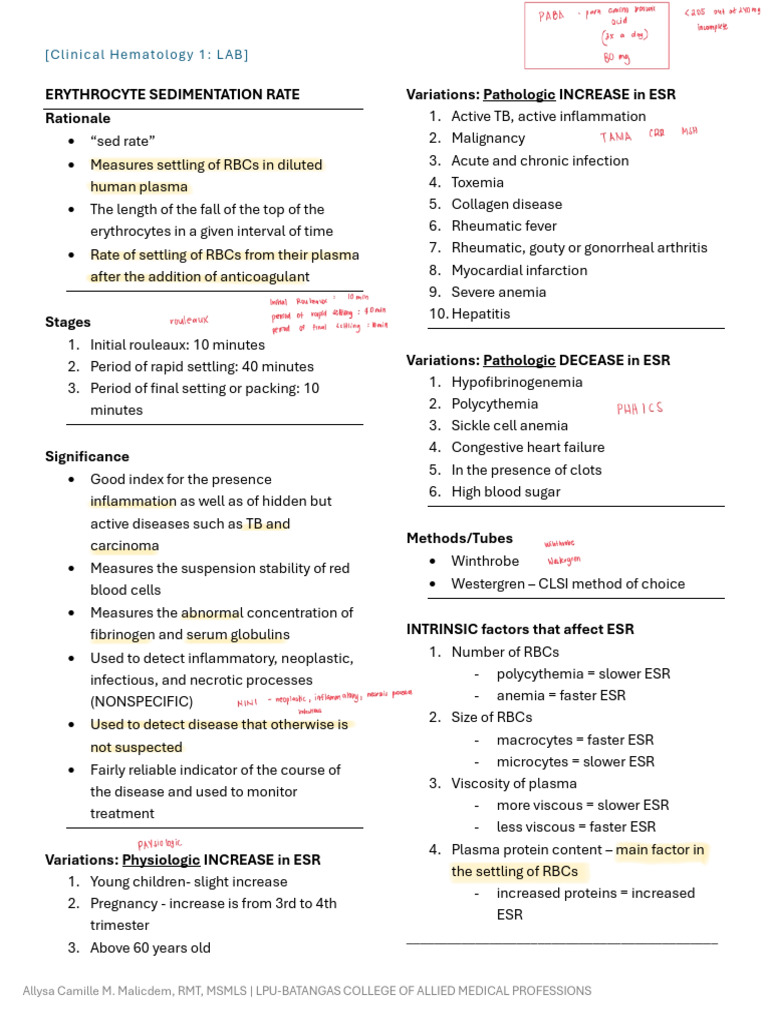 (LAB) ESR Handout | PDF | Clinical Medicine | Medical Specialties