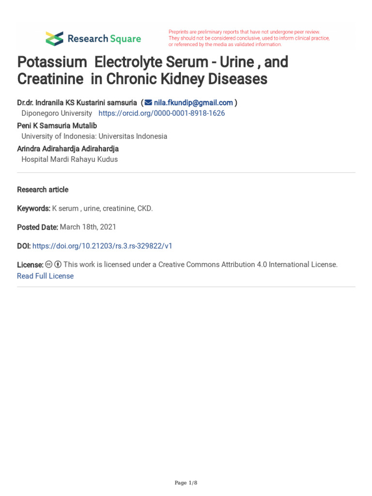 Potassium Electrolyte Serum - Urine, and Creatinine in Chronic Kidney ...