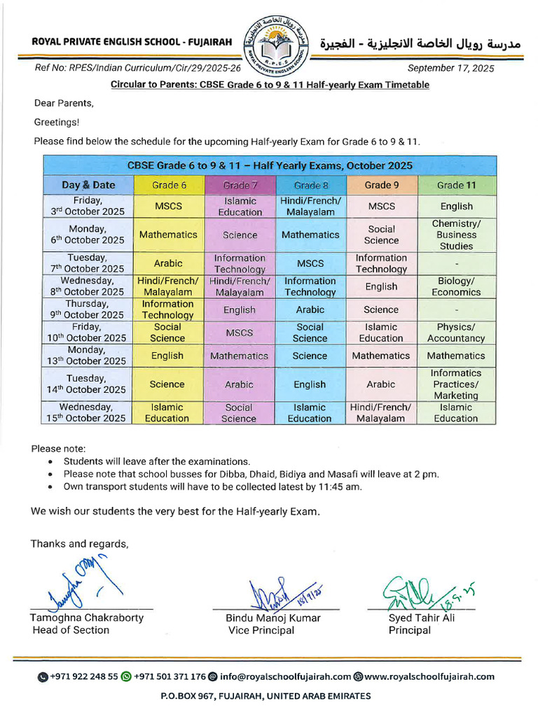 29 - Half Yearly Timetable For CB Grade 6 To 9 and 11 | PDF