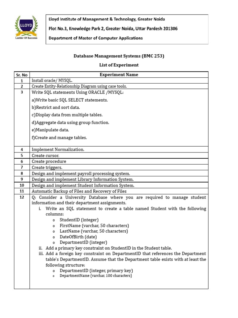 Database Management System Experiments | PDF | Databases | Data ...