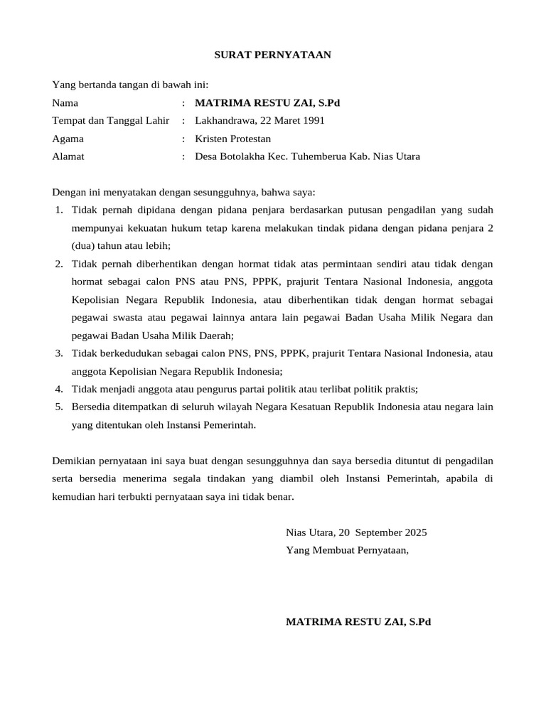Surat Pernyataan Matrima Restu Zai | PDF