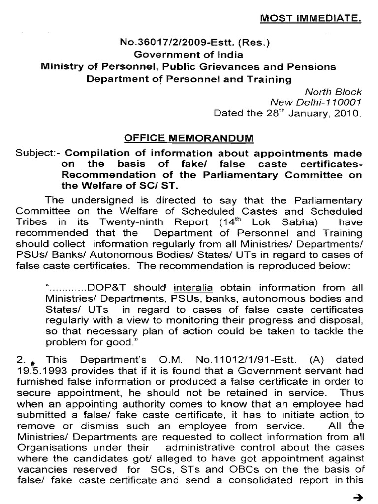 Fake Caste Certificate-28.1.10 | PDF | New Delhi | Government Of India