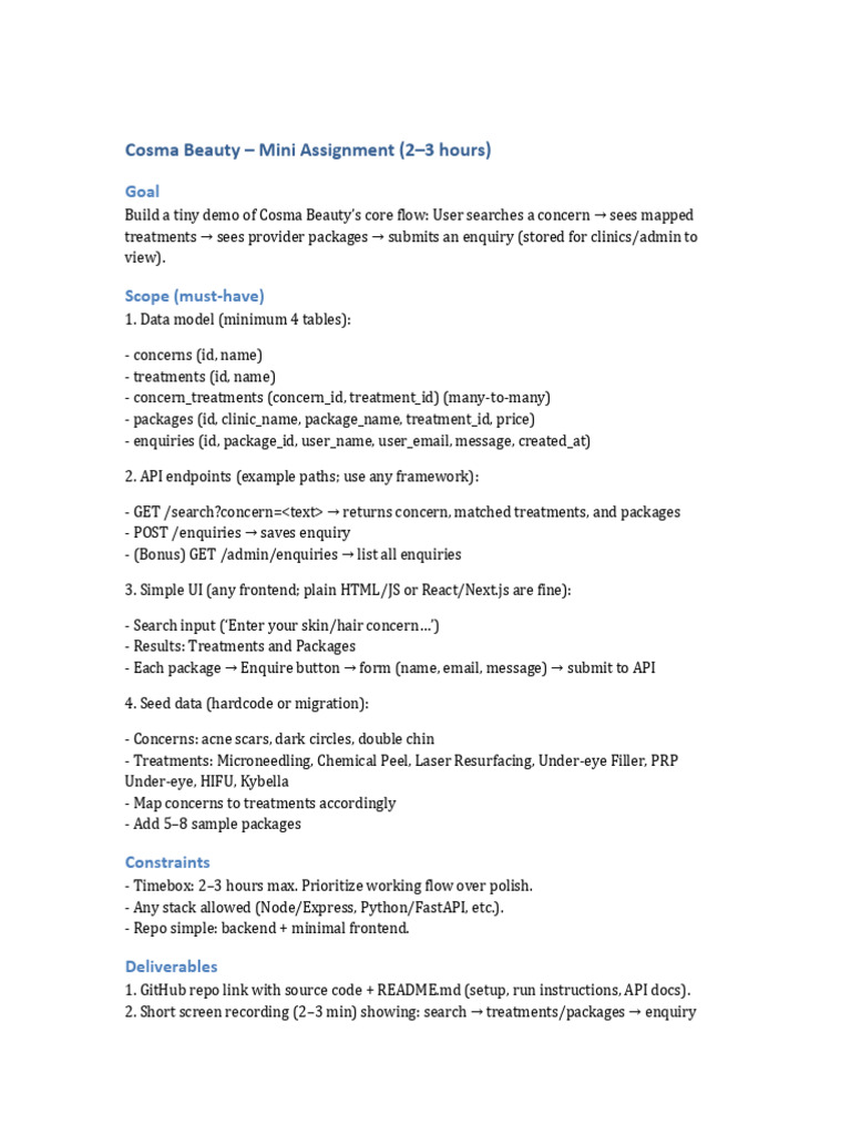 Cosma Beauty Core Flow Demo Assignment | PDF
