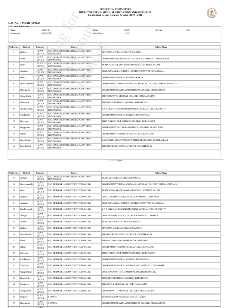 Paramedical Choicefilling List Guna .K | PDF | Health Care | Social ...