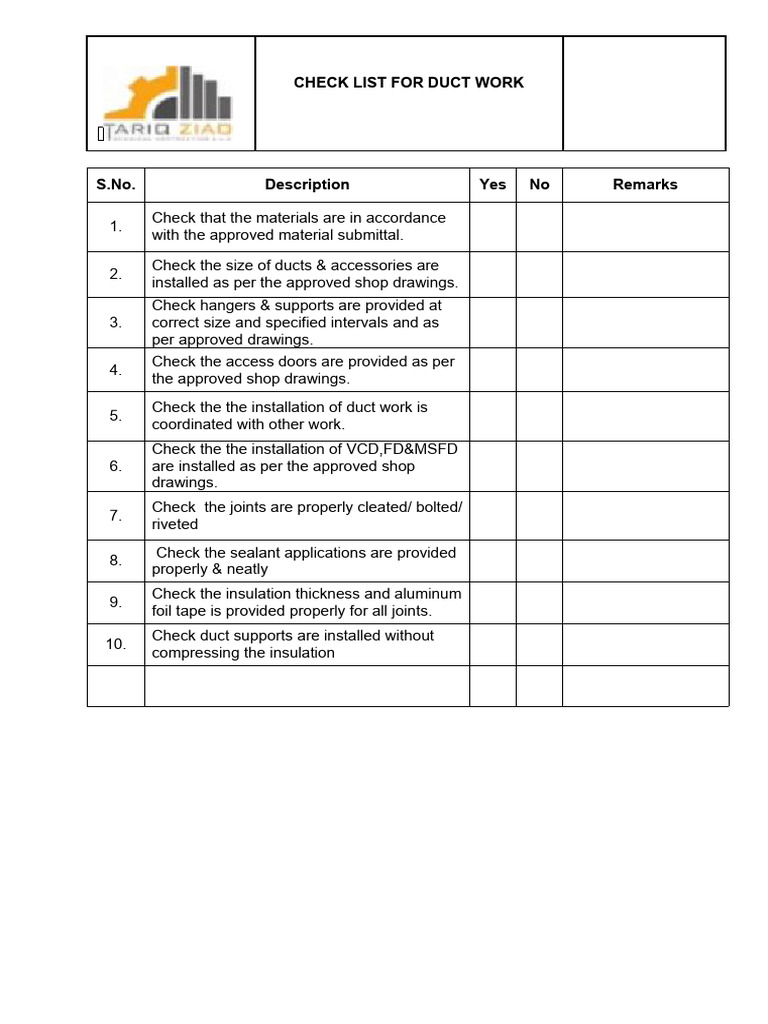 Check List For Duct Work | PDF