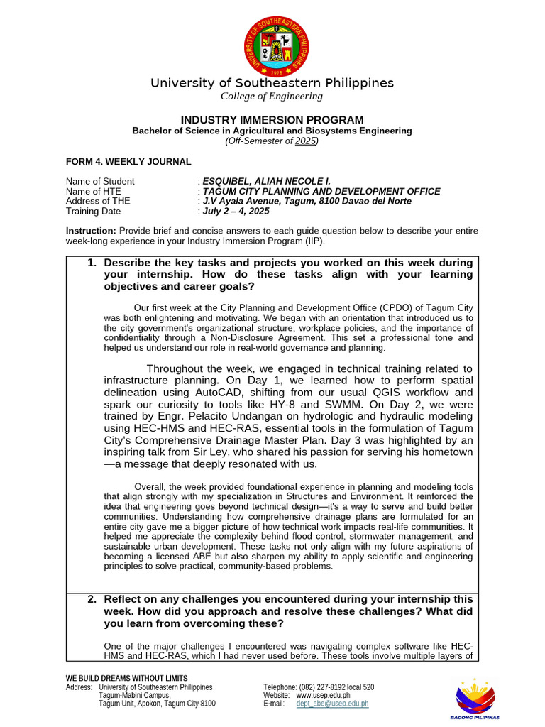 Weekly Journal: Industry Immersion 2025 | PDF | Learning