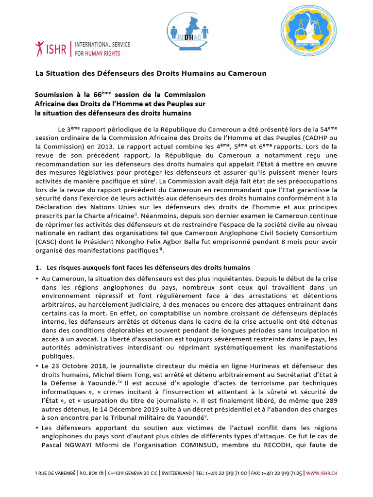 Droits des Défenseurs au Cameroun : Situation Critique | PDF | Droits ...