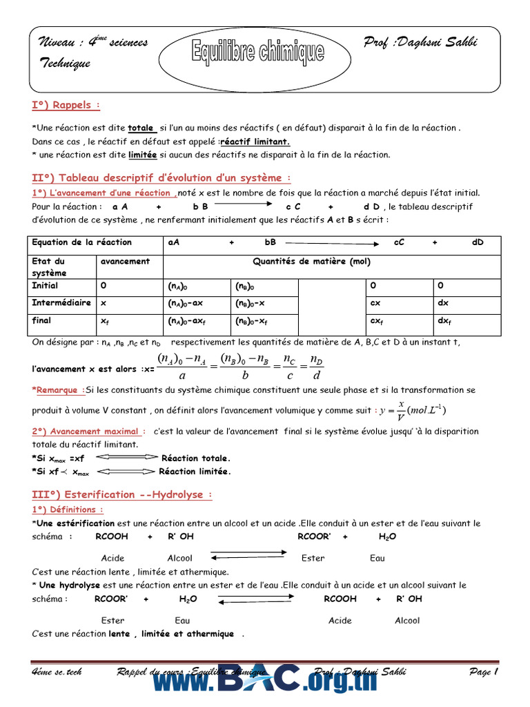 Équilibre chimique : concepts clés et réactions | PDF | Équilibre ...