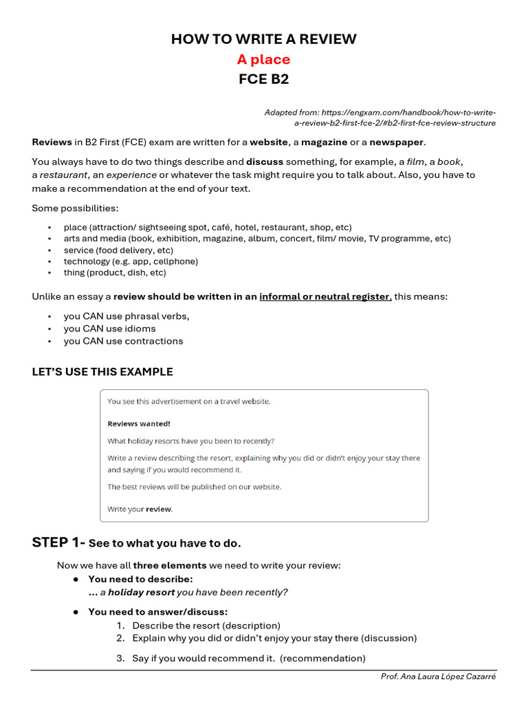 Writing a Place Review for FCE | PDF | Syntax | Linguistics