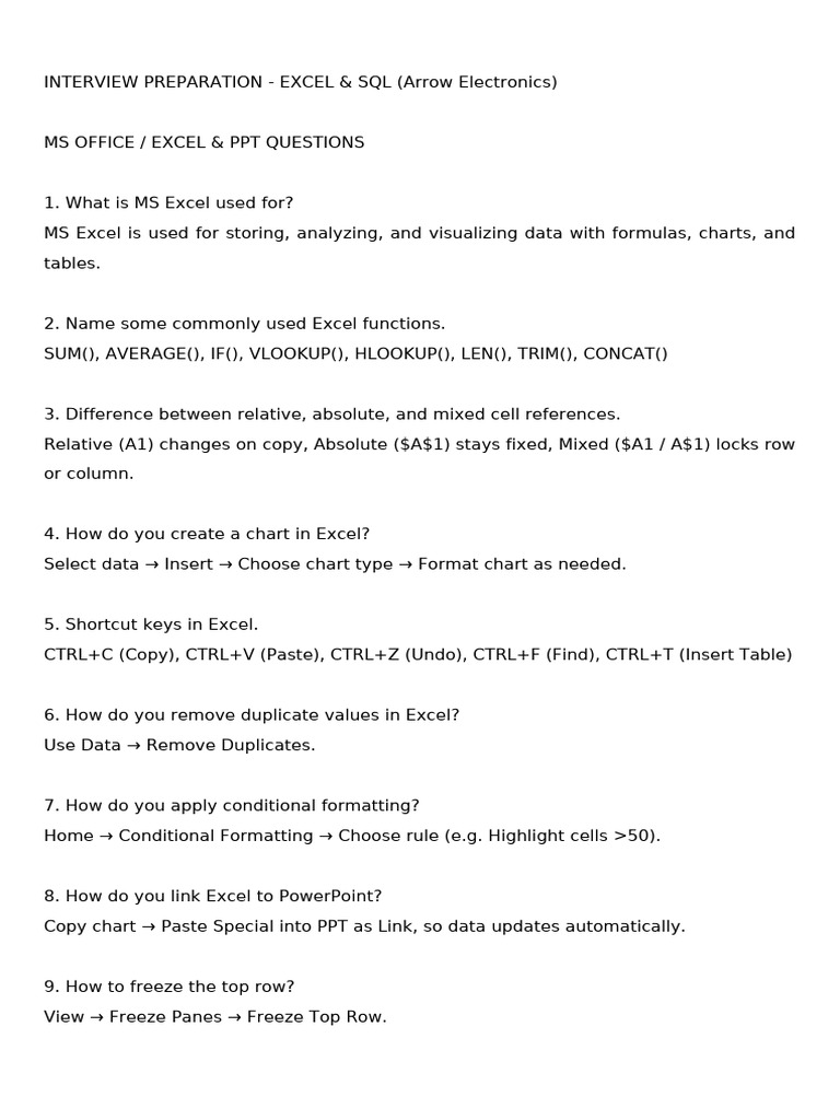 Arrow Excel SQL Interview QA | PDF | Microsoft Excel | Sql