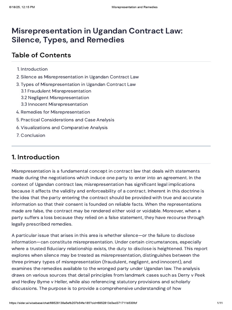Misrepresentation in Ugandan Contract Law | PDF | Misrepresentation ...