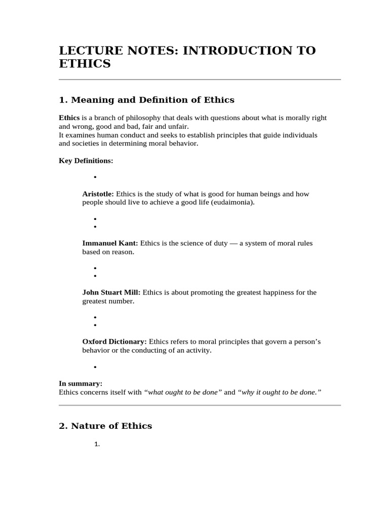 Ethics LECTURE NOTES | PDF | Morality | Virtue Ethics