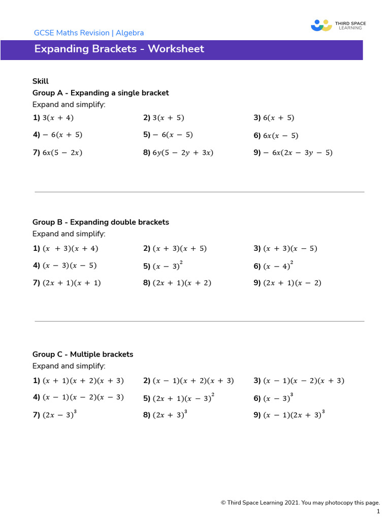 Expanding Brackets Worksheet for GCSE | PDF