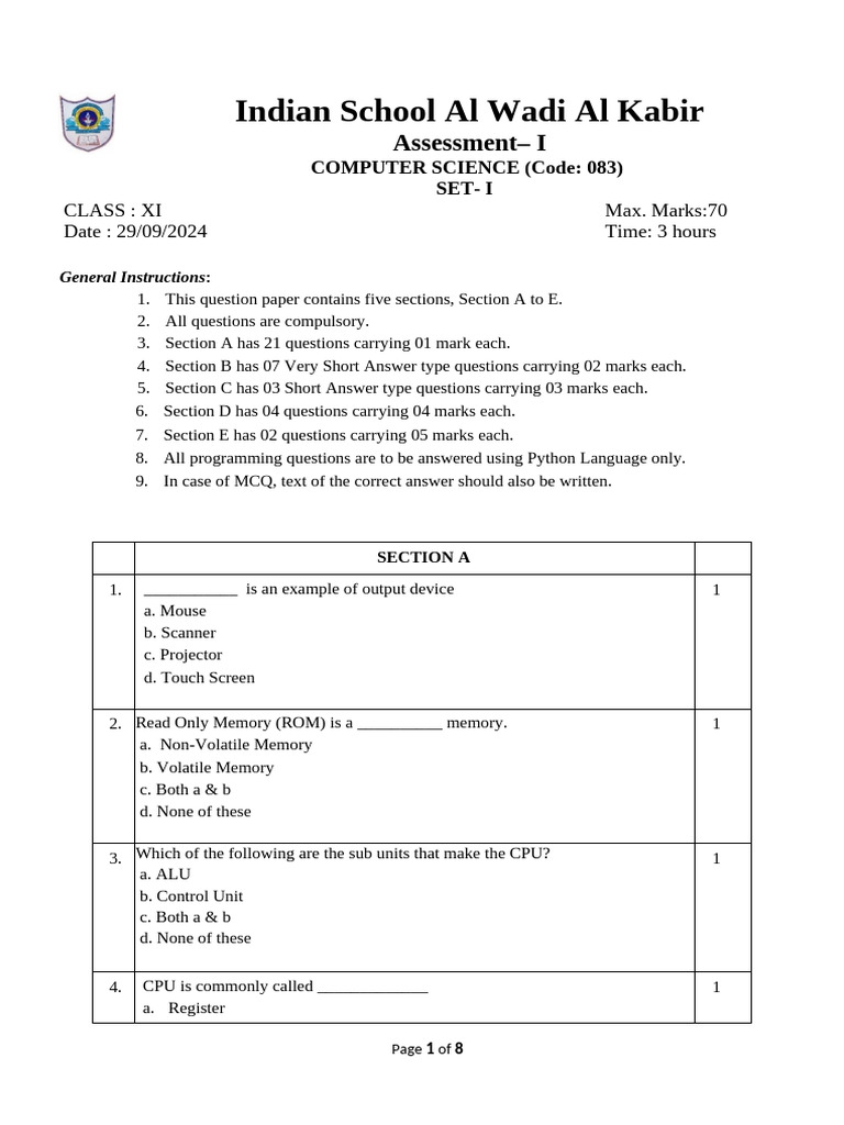 Class XI Computer Science Assessment 2024 | PDF | Computing | Computer ...