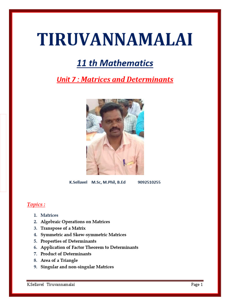11th Maths: Matrices & Determinants | PDF | Matrix (Mathematics ...