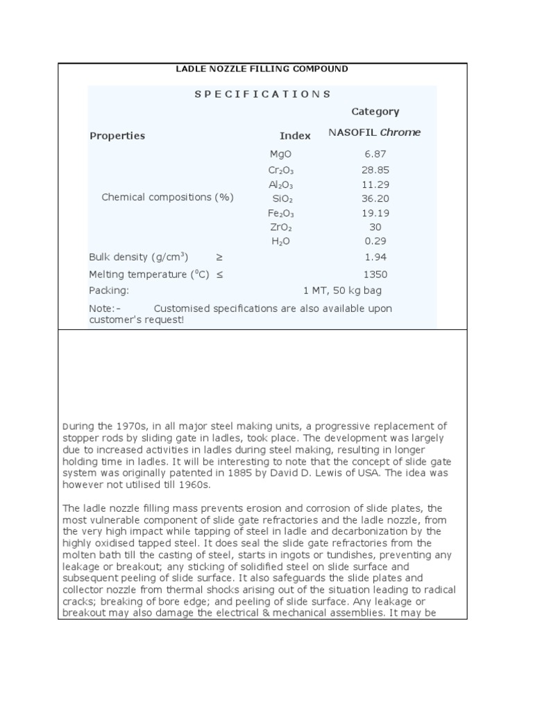 Ladle Nozzle Filling Compound Specs | PDF | Refractory | Steelmaking