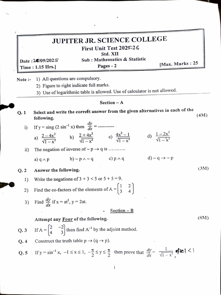 First Unit Test Mathematics 2025-26 | PDF | Mathematics