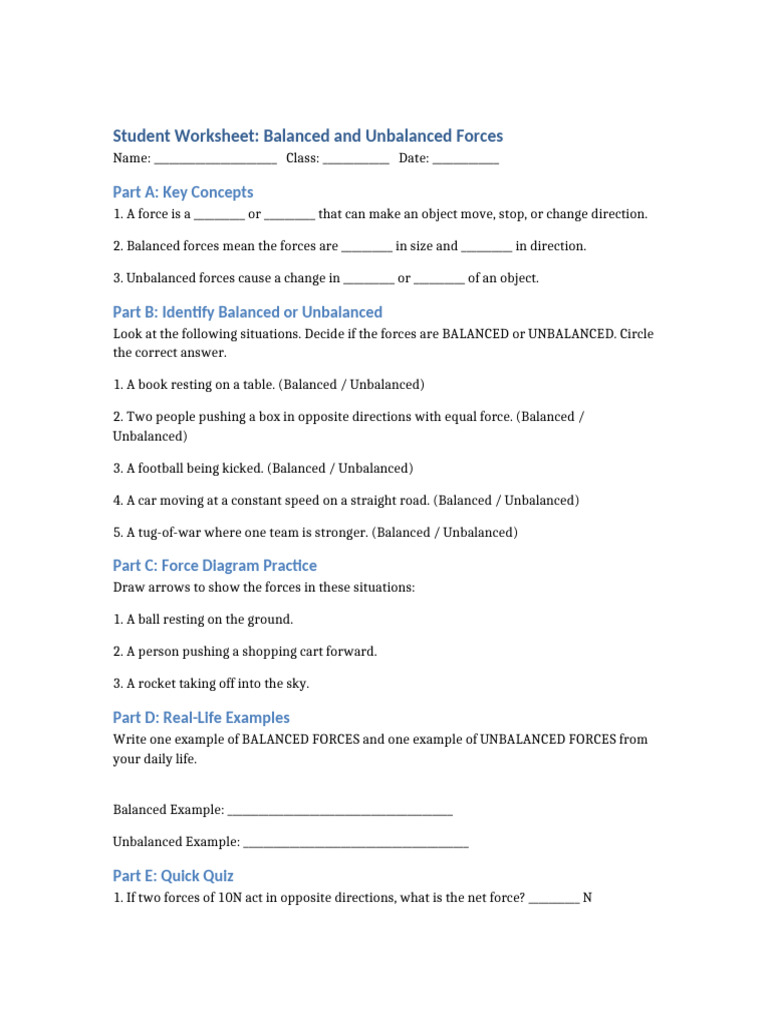 Worksheet on Forces: Balanced vs Unbalanced | PDF