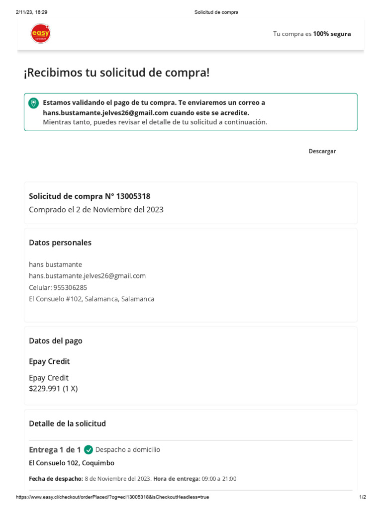 Confirmación de compra en Easy.cl | PDF