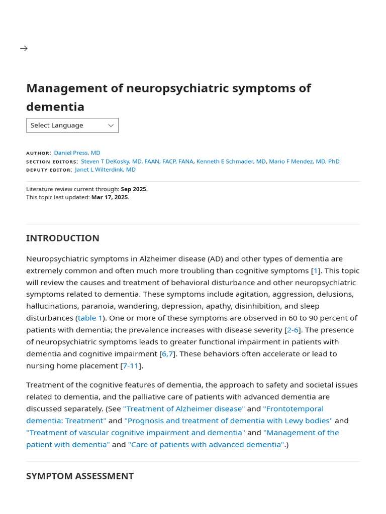 Management of Neuropsychiatric Symptoms of Dementia - UpToDate | PDF ...