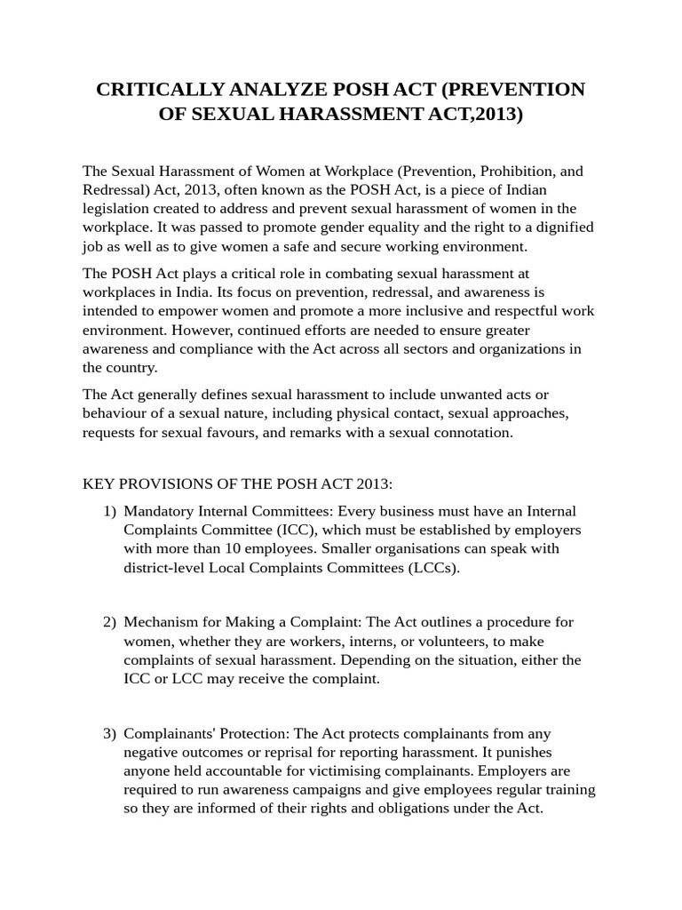 Analysis of the POSH Act 2013 | PDF | Sexual Harassment | Aggression