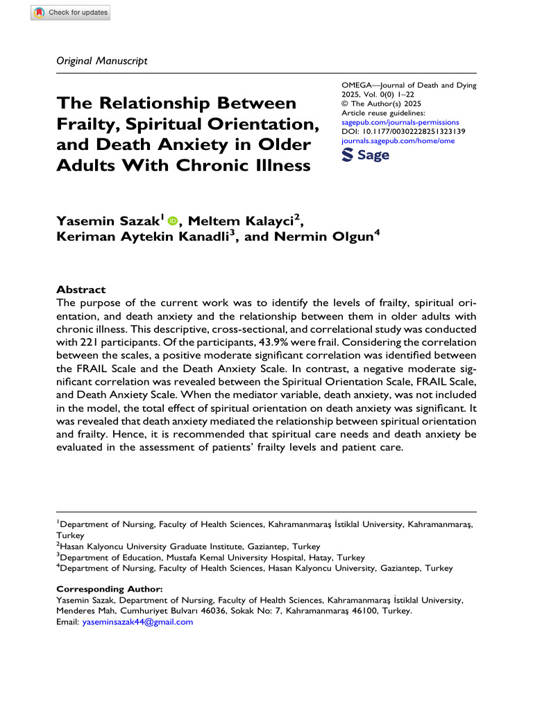 Frailty, Spirituality, and Death Anxiety in Seniors | PDF | Old Age ...