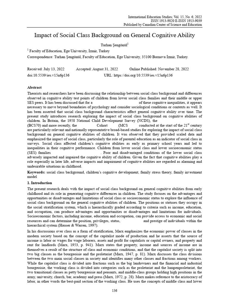 Social Class Impact on Cognitive Ability | PDF | Socioeconomic Status ...