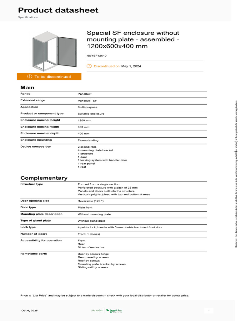 Discontinued SF Enclosure NSYSF12640 | PDF | Door