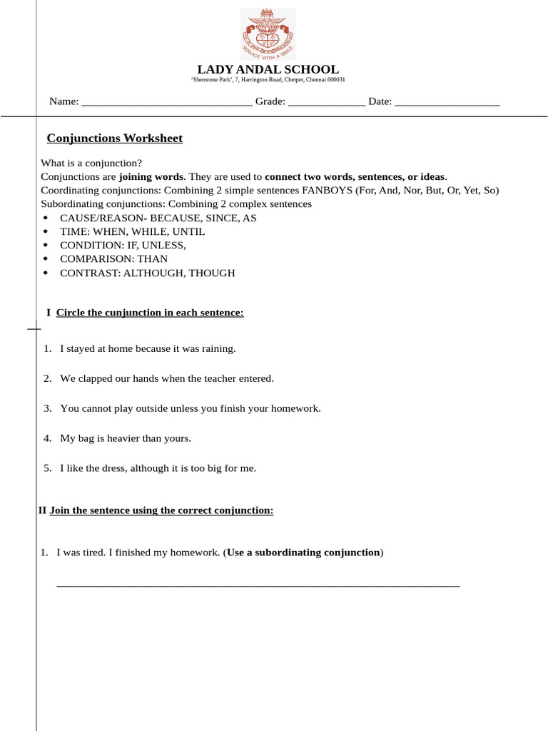 Conjunctions Worksheet for Students | PDF | Syntax | English Grammar