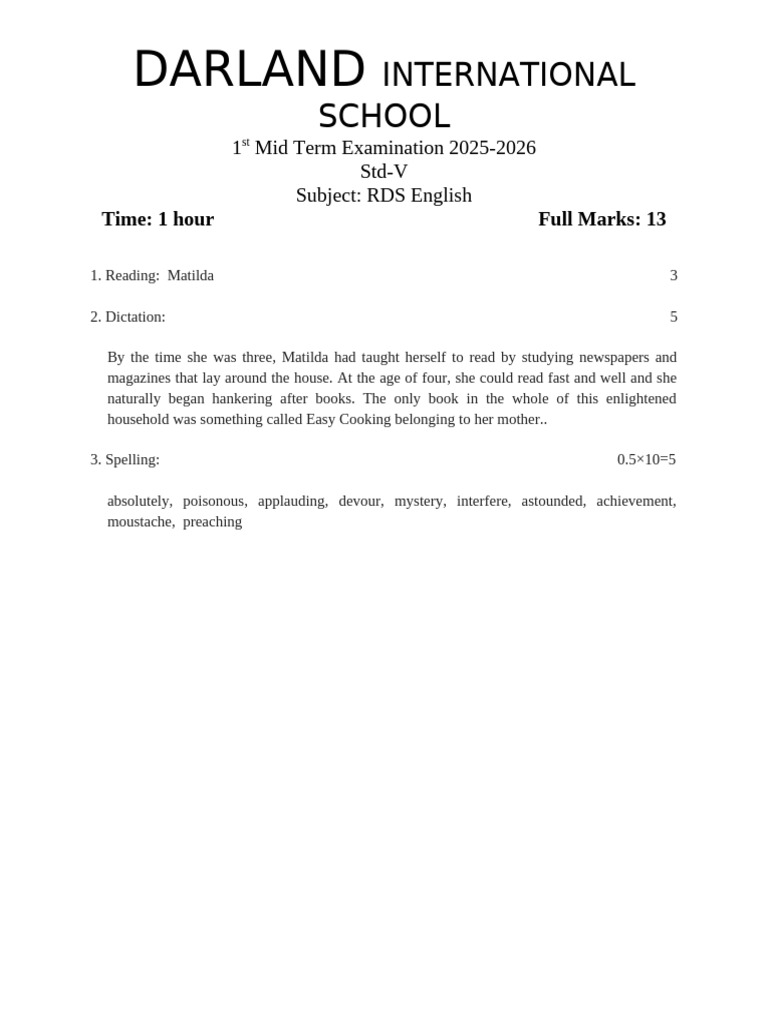 Mid Term Exam: RDS English Std-V | PDF