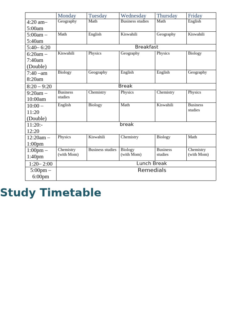 Weekly Study Timetable Overview | PDF