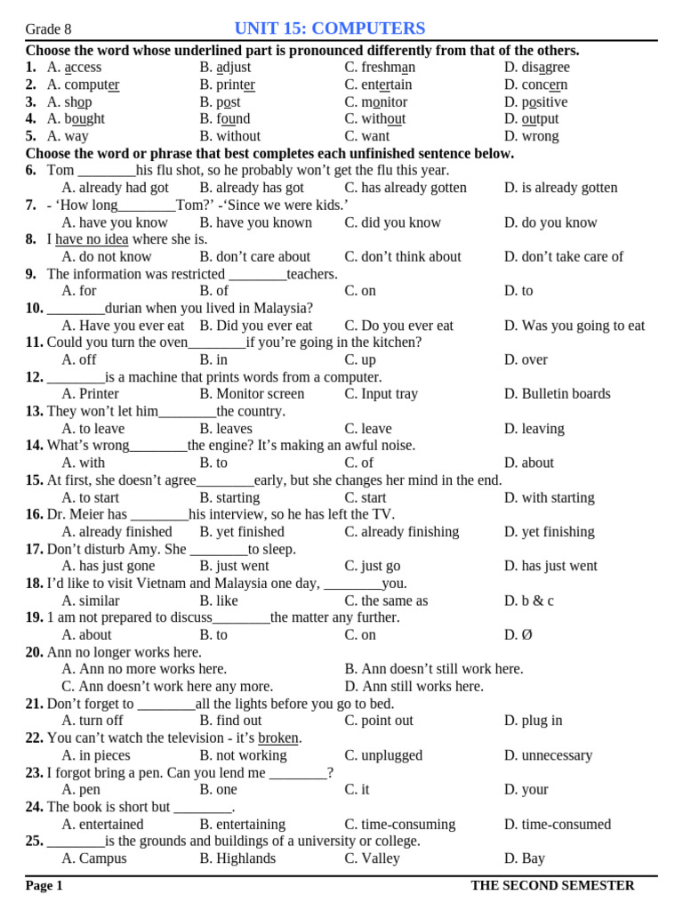 Grade 8 Computer Vocabulary Exercises | PDF