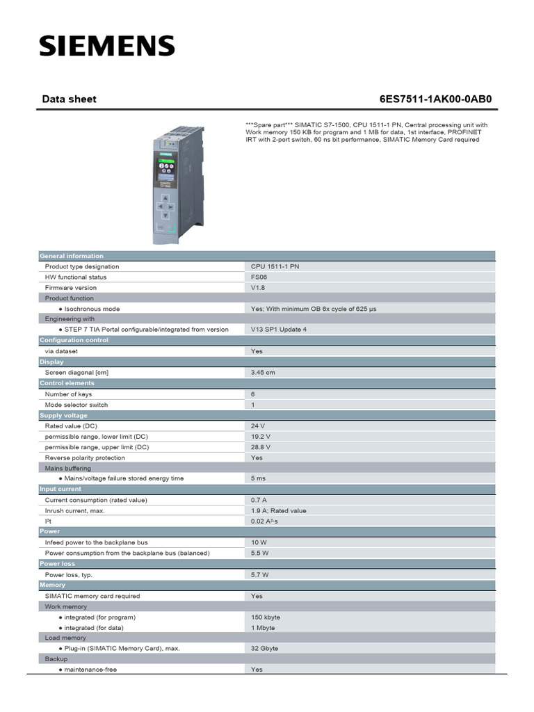 SIMATIC S7-1500 CPU 1511-1 PN Data Sheet | PDF | Computing | Network ...