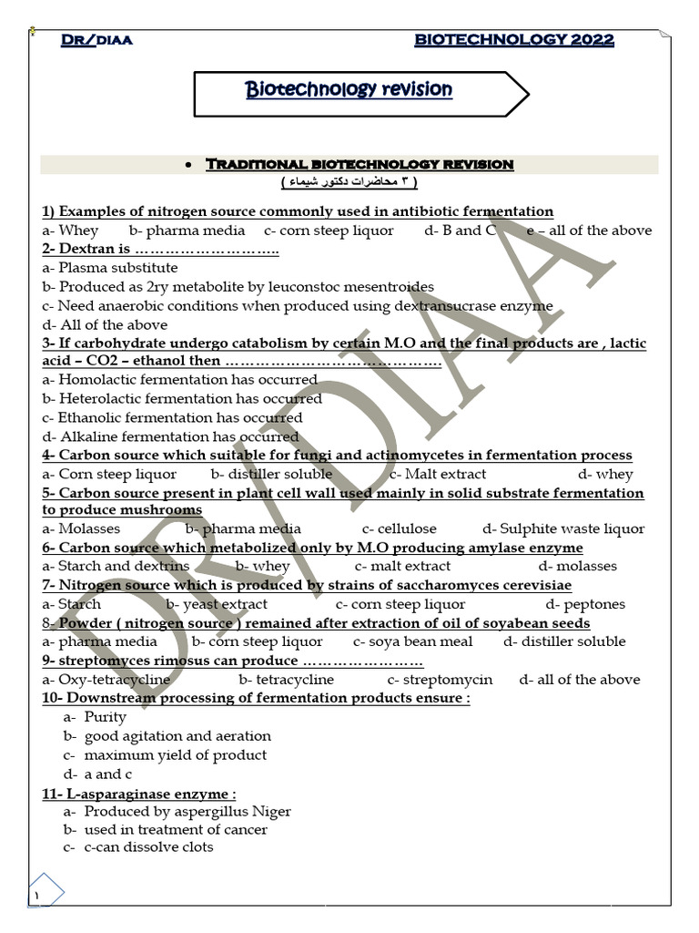 Biotechnology Revision: Key Concepts | PDF | Fermentation | Yeast