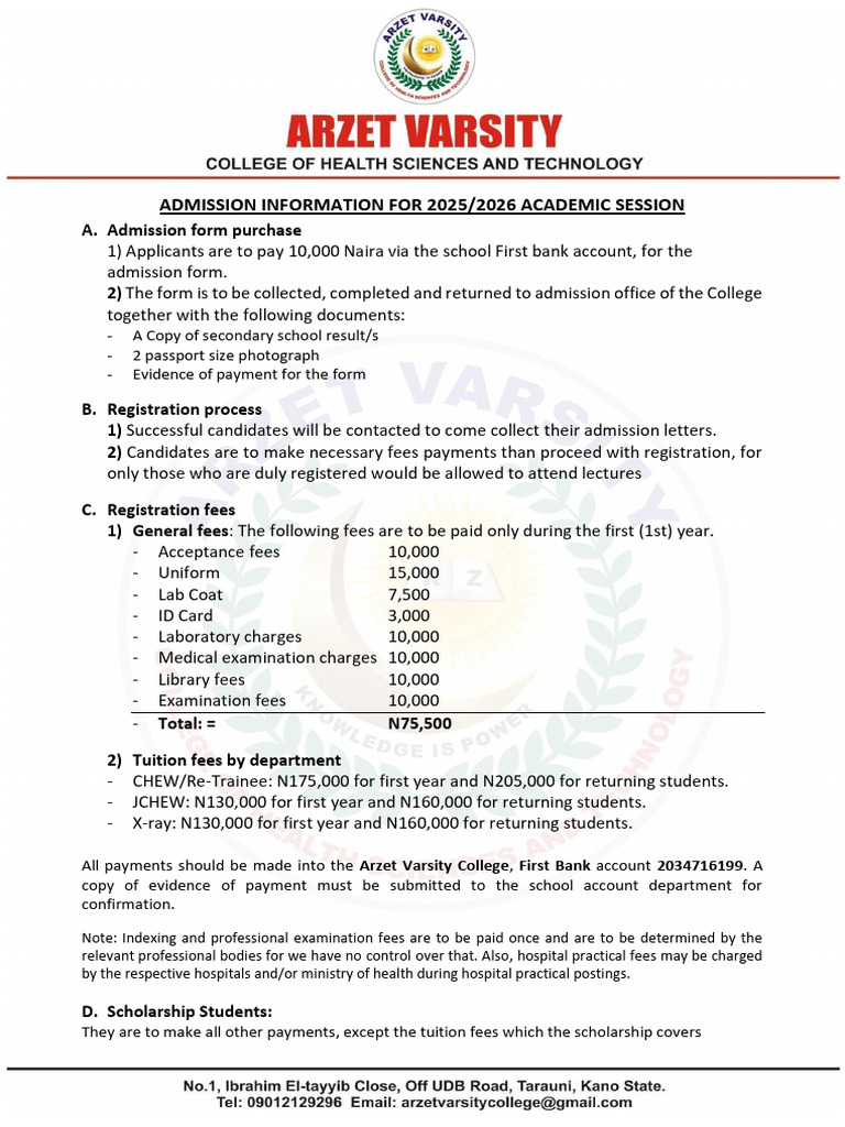 Admission Info for 2025/2026 Session | PDF