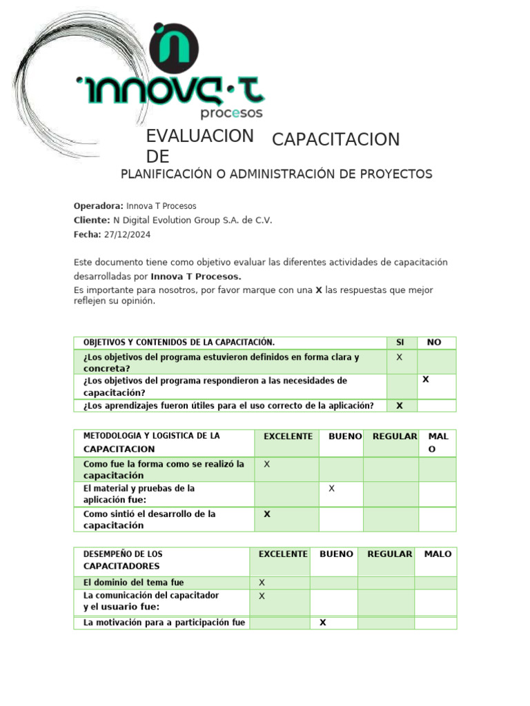 Evaluación de Capacitación Innova T | PDF