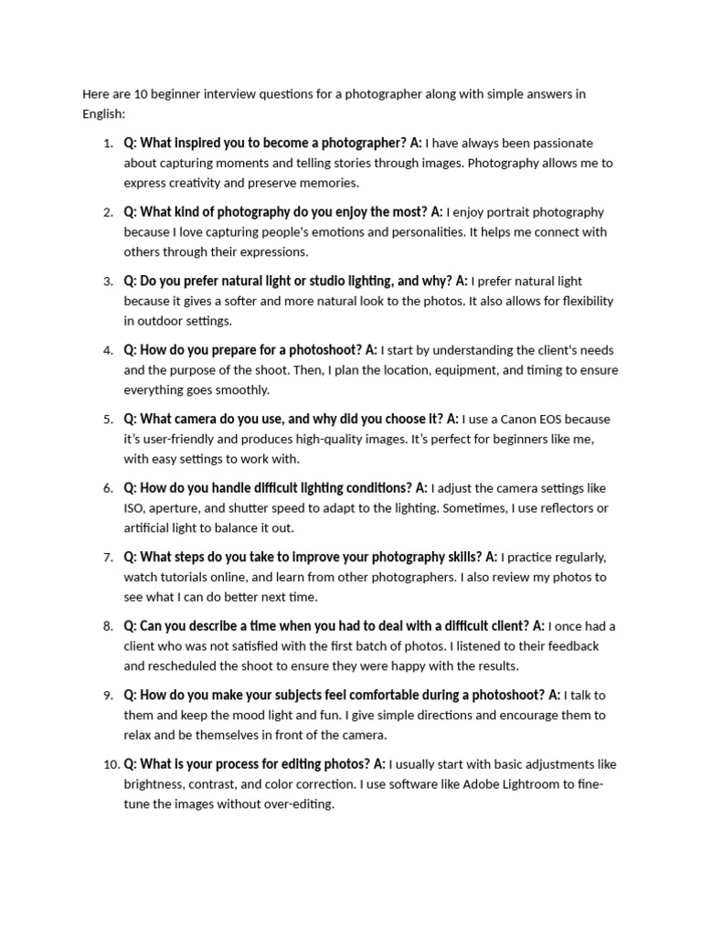 10 Essential Photography Interview Questions | PDF
