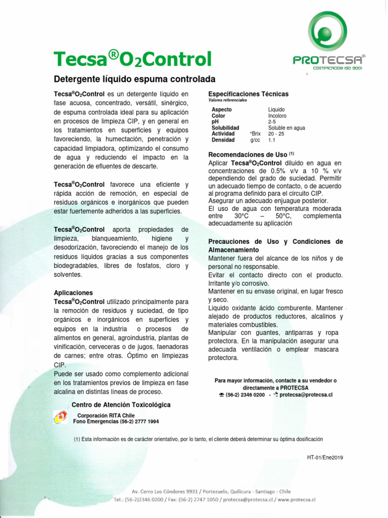 Detergente Líquido Tecsa®O2Control | PDF | Agua | Detergente