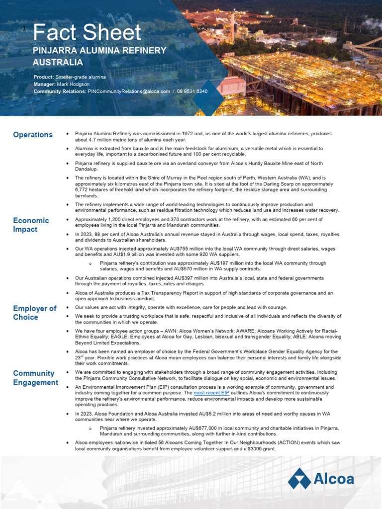 Pinjarra Alumina Refinery Overview | PDF | Alcoa | Employment