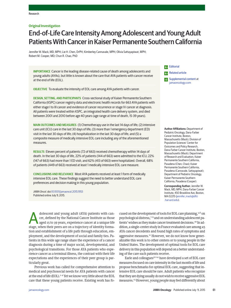 EOL Care Intensity in Young Cancer Patients | PDF | Medical Diagnosis ...