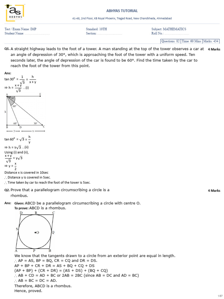 10th Grade Math Exam Questions and Solutions | PDF | Circle | Perpendicular