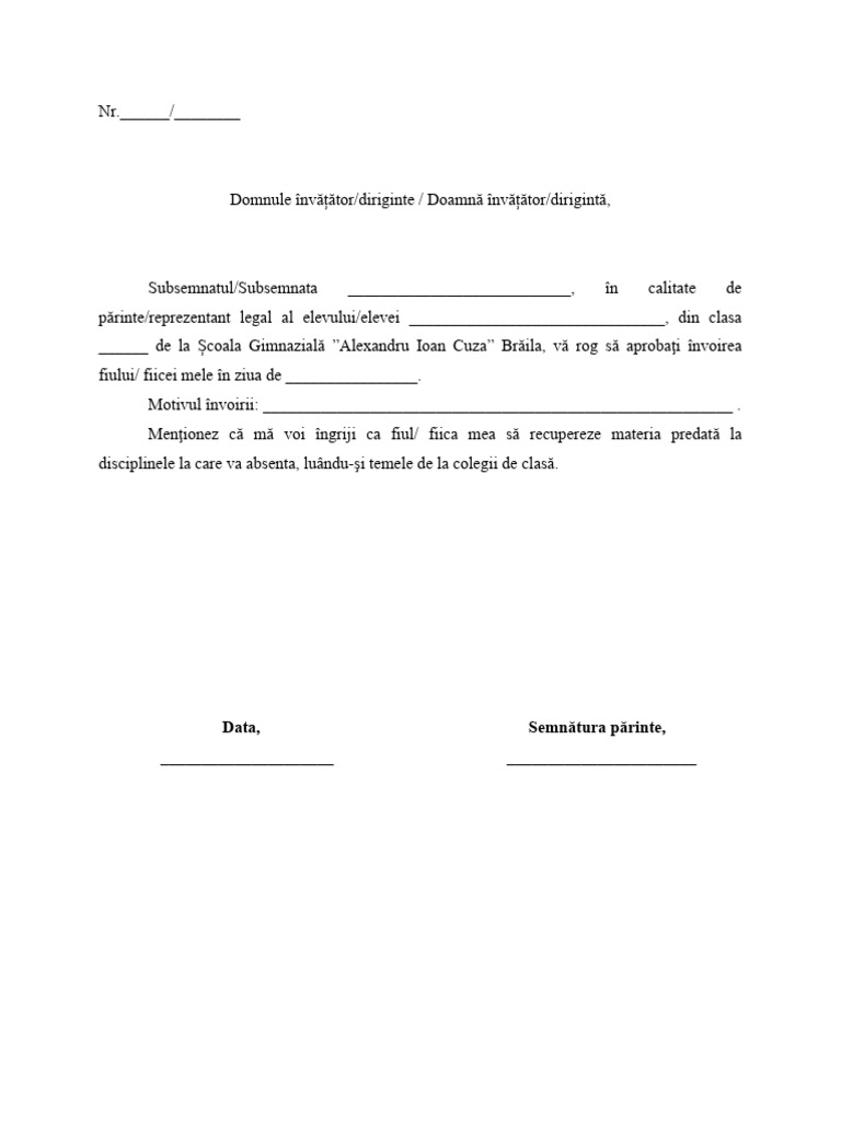 Cerere de Invoire Elev | PDF