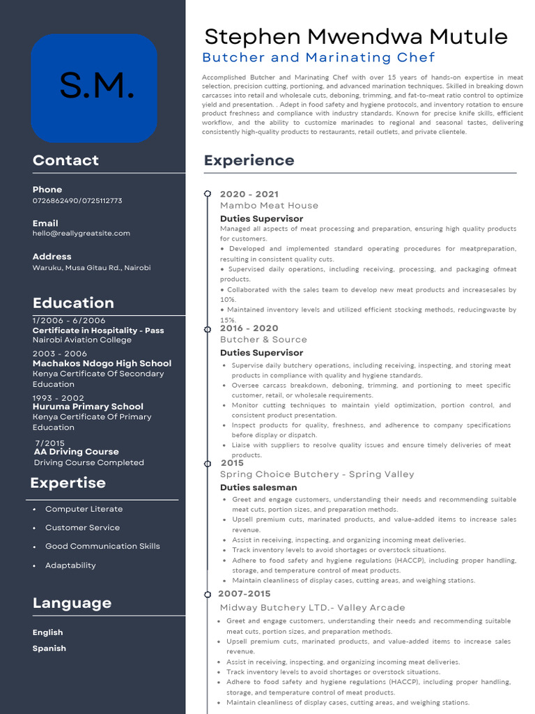 Experienced Butcher and Chef Profile | PDF | Food Safety