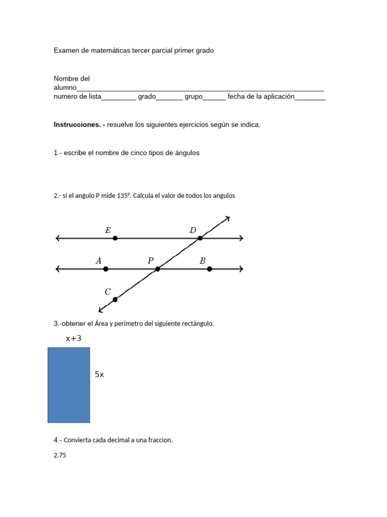 Examen de Matemáticas Tercer Parcial Primer Grado-1 | PDF