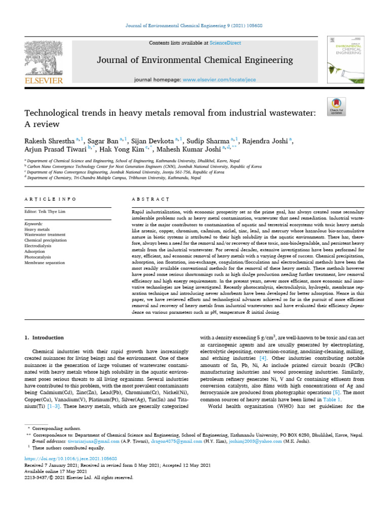 Heavy Metals Removal in Wastewater | PDF | Ion Exchange | Applied And ...