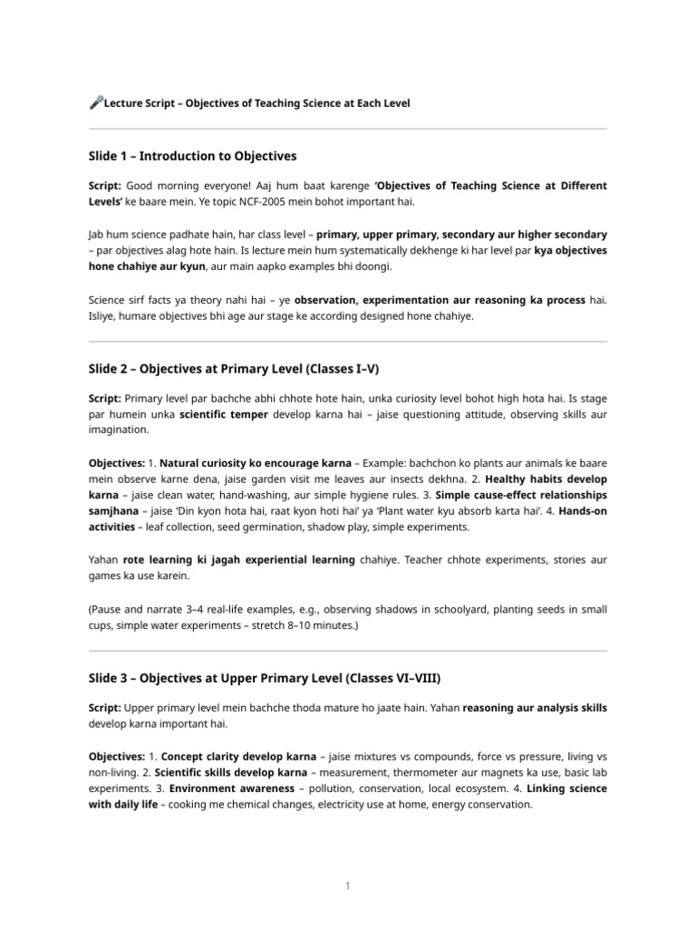 Teaching Science Objectives by Level | PDF | Science