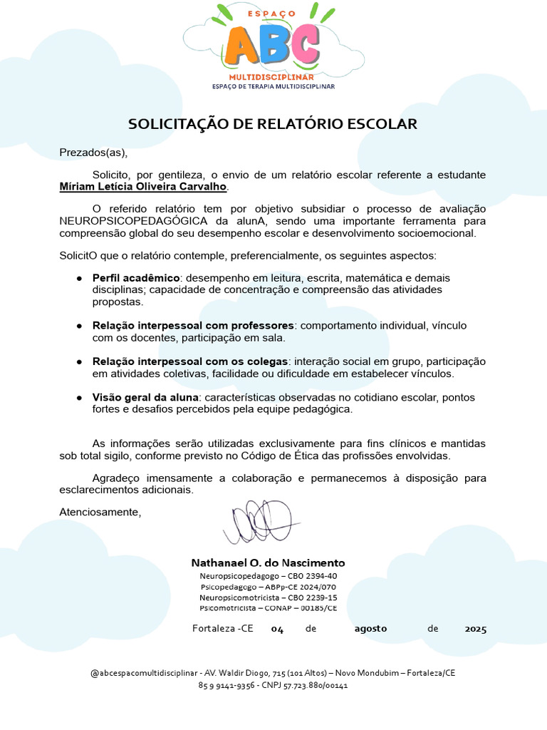 Solicitação de Relatório Escolar para Avaliação | PDF
